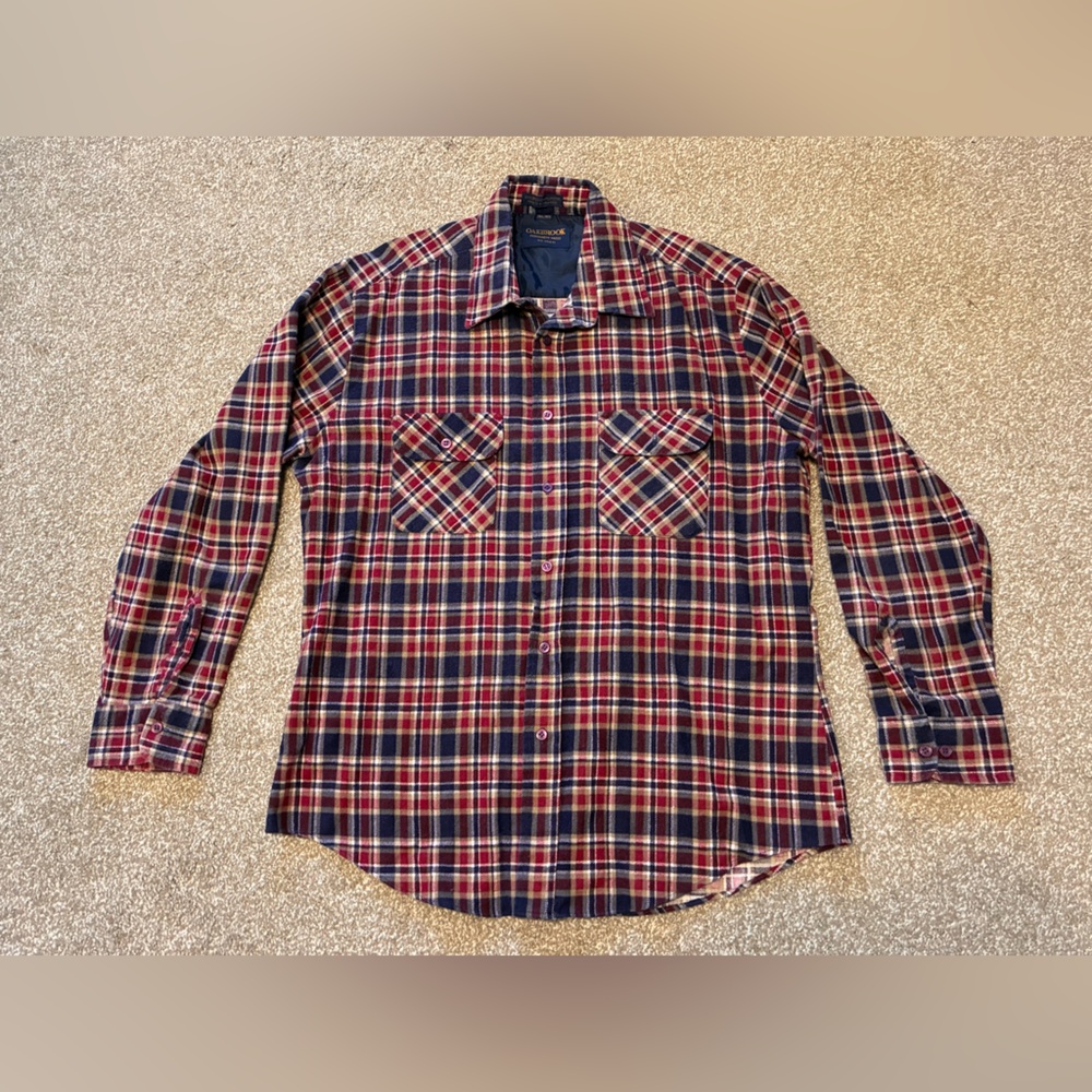 Vintage Oakbrook 1970s 1980s Red Blue Plaid Flannel Shirt Men’s L 16 1/2